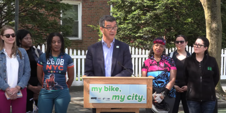 NYC DOT Commissioner Ydannis Rodriguez hosting a May 1 presser on the “My Bike, My City” campaign, which aims to promote cycling among women, girls, transgender women, and non-conforming people.