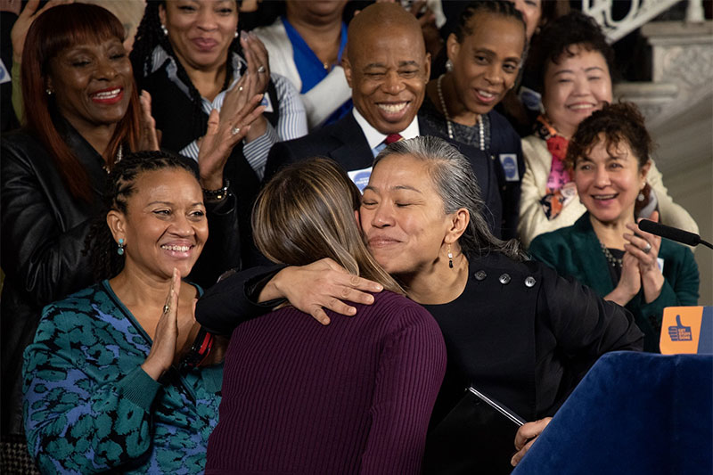 NYC Mayor Eric Adams, Deputy Mayor Maria Torres-Springer and Women Forward NYC team members at City Hall.