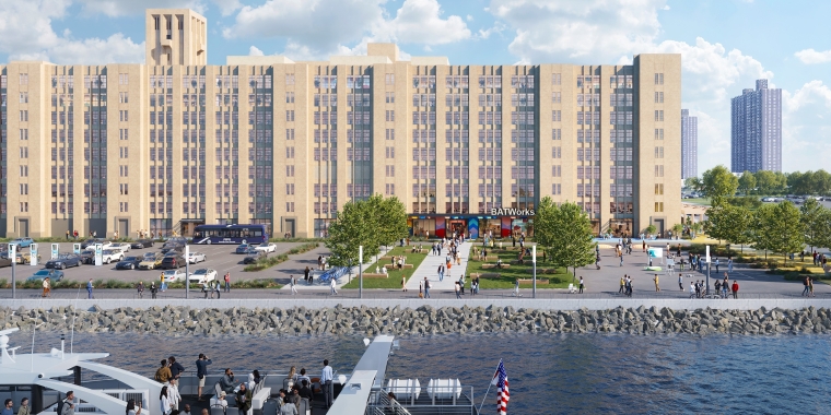 Exterior rendering of BATWorks shows a white NYC Ferry with passengers sailing along the waterfront. Behind it, a large tan building labeled BATWorks stands, with a green lawn, people walking, and trees in front. The sky is partly cloudy.